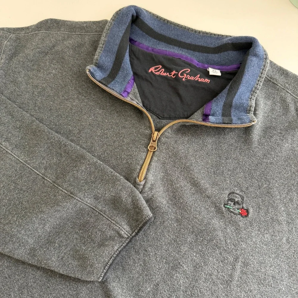 Robert Graham Gray 1/4 Zip Sweater Pullover Classic Fit Men's XL Skull Rose